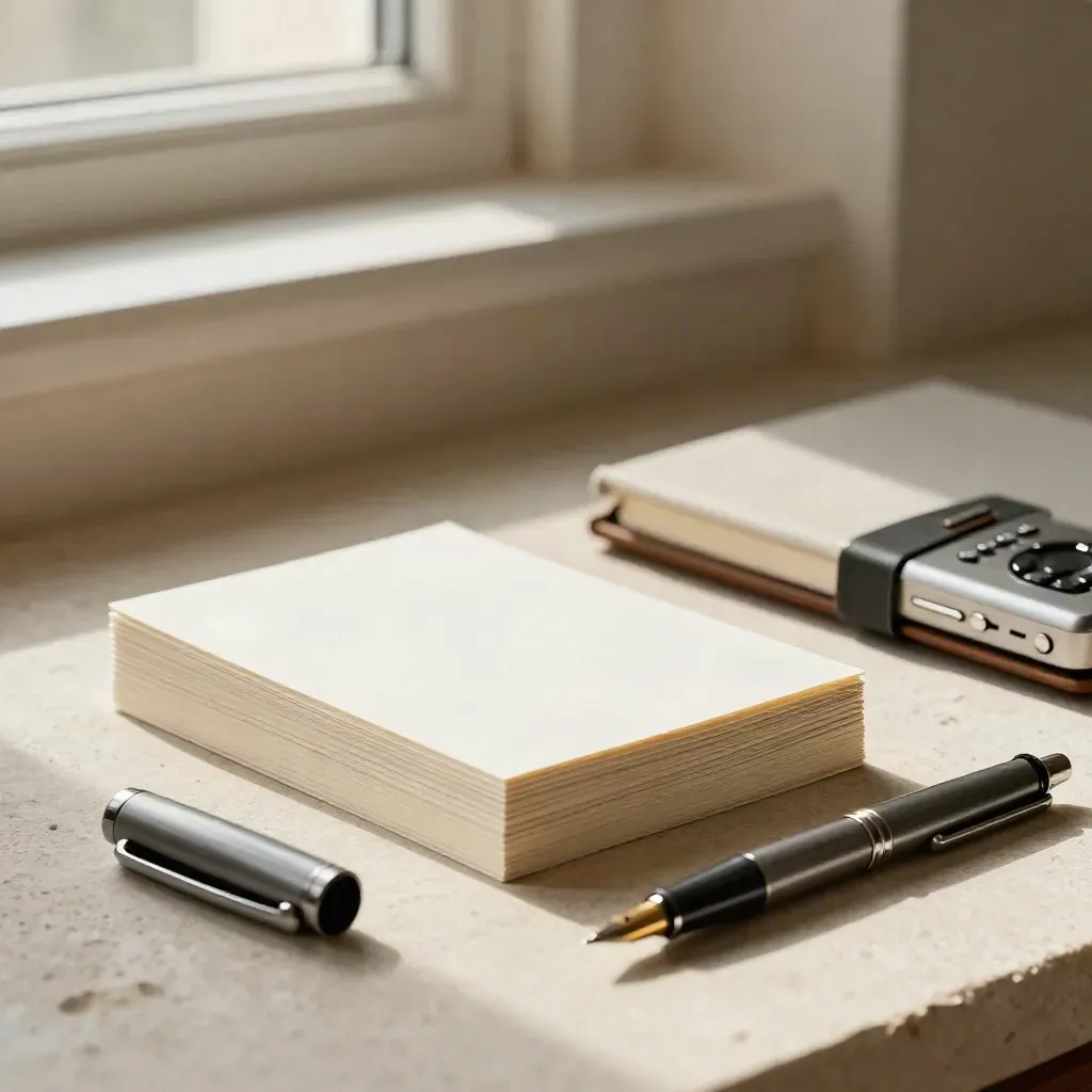 Kaarten, gesloten notitieboek, penkap en audiorecorder op een lichte stenen ondergrond.