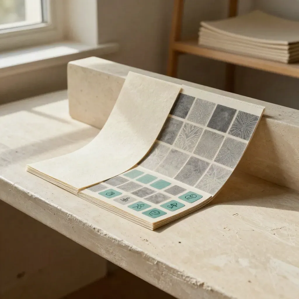 Huisstijlmaterialen met teal accenten waaierend over een pleisterbank in zacht daglicht.