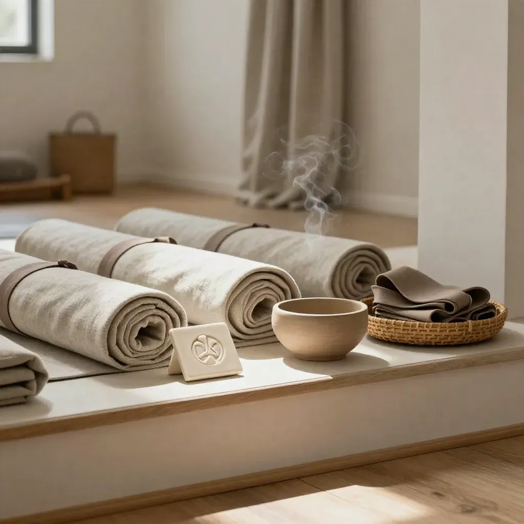 Serene yogastudio-entree met linnen matten, kleiplaatje en gevlochten manden in warm daglicht.