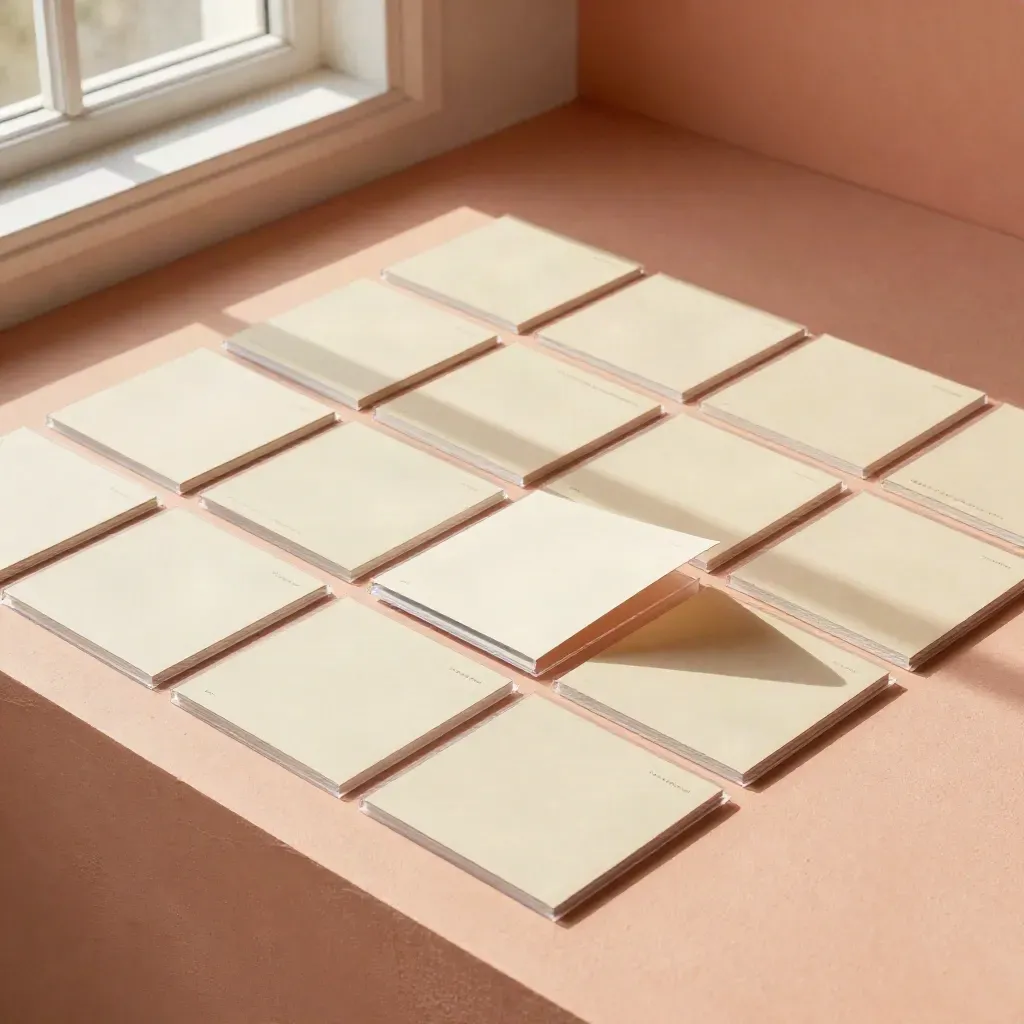 Social templates op kaartjes en sleeves in warme studio-opstelling met zacht vensterlicht.