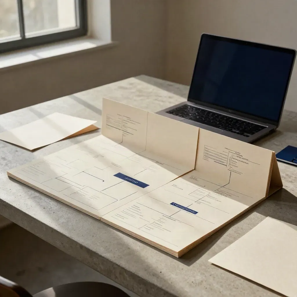 Modulaire sitemap van webcopy naast gesloten laptop in dramatisch licht op beton.