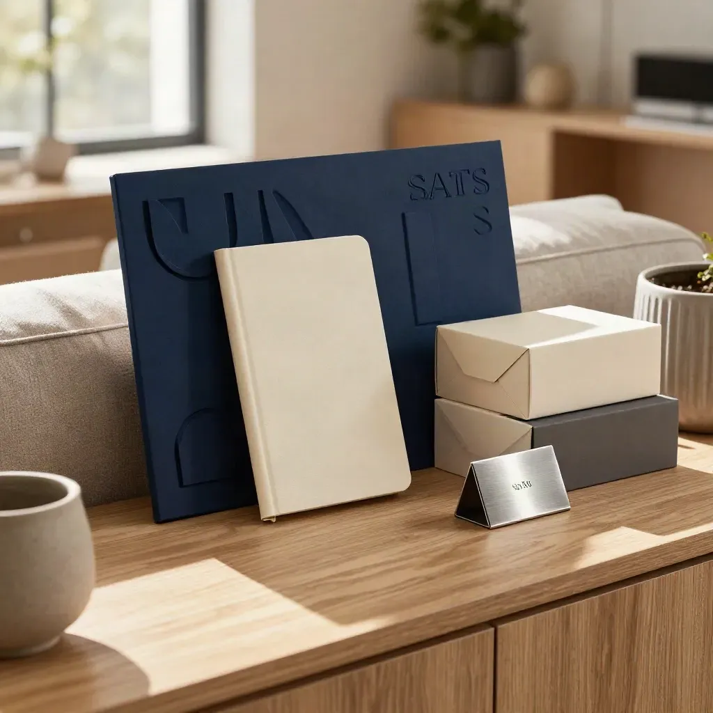Stijlvolle SaaS-branding in een lichte lounge met navy panelen en productdozen