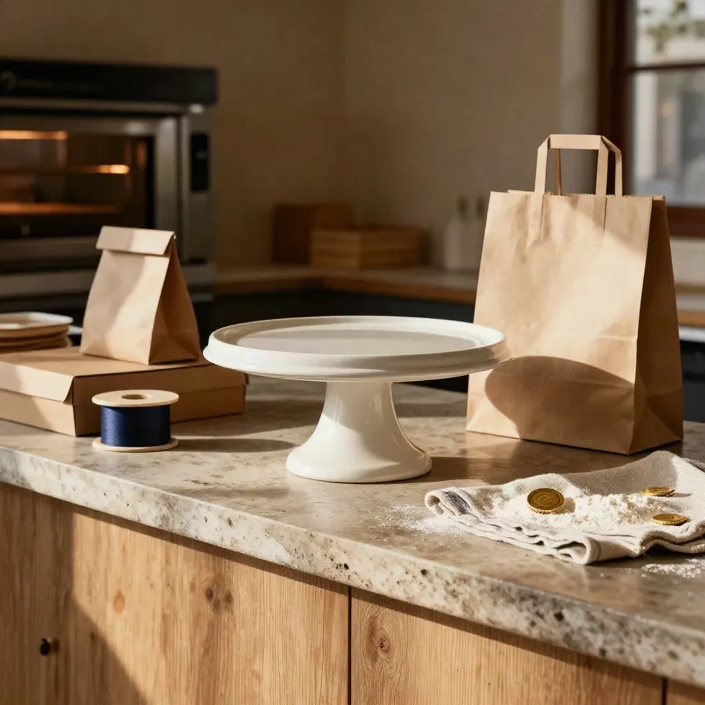 Bakerycounter met taartstandaard, doosjes, papieren zakken en lintspoelen in warm licht.