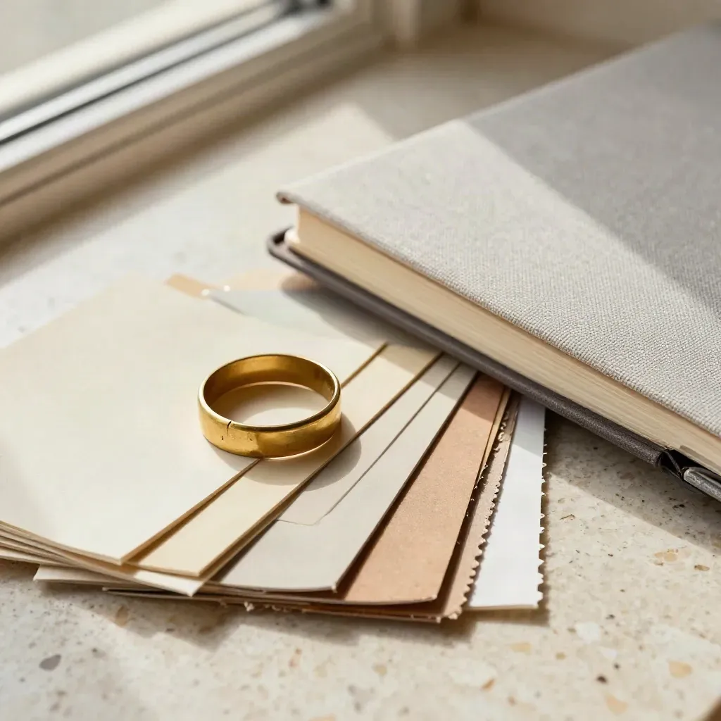 Brass swatchring met kleurchips, bone folder en gesloten notitieboek op travertin.
