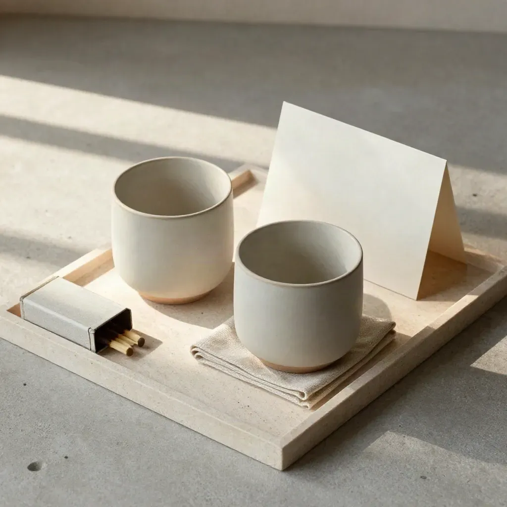 Twee stoneware kopjes met linnen coaster, luciferdoosje en kaart op een stenen tray.