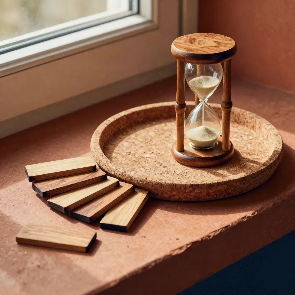 Workshopmaterialen met houten tokens, zandloper en kurkschaal op terracotta ondergrond.