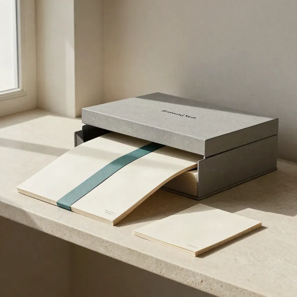 Gesloten presentatiebox met gevouwen sleeve en brandstukken op een stenen plank.