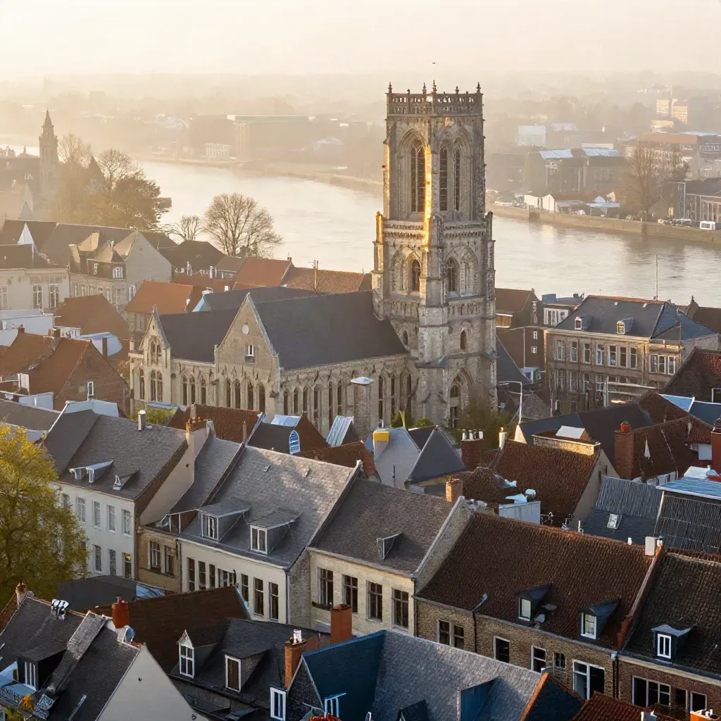 Uitzicht op de Domtoren en Utrechtse daken in zachte ochtendsmist boven de rivier