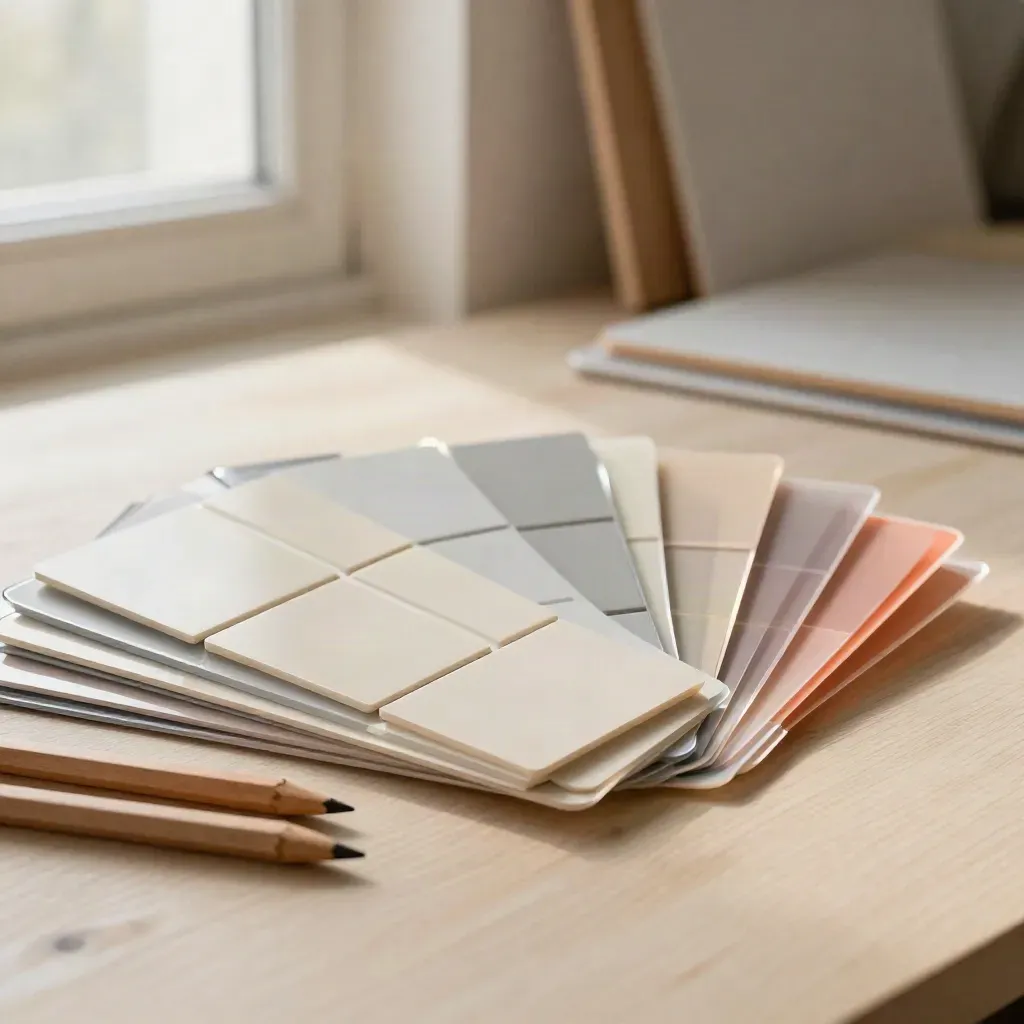 Stilleven van ontwerpswatches, lettervormen, potloodstompjes en transparante lagen op licht hout.