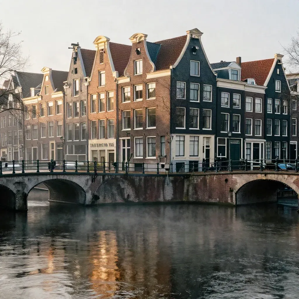 Amsterdamse grachten met bruggen en gevels in warme ochtendmist boven stil water