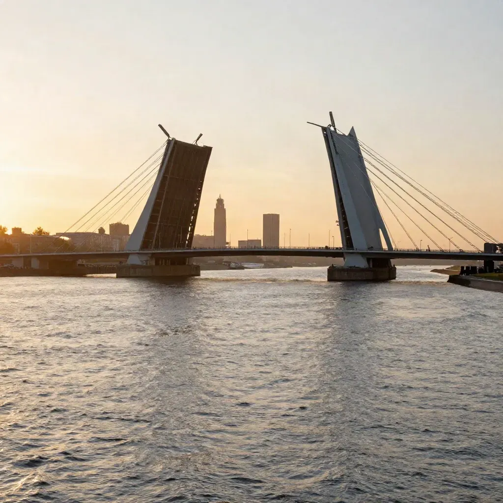 Erasmusbrug en skyline boven de Maas in warm avondlicht met rustig water en zachte nevel.