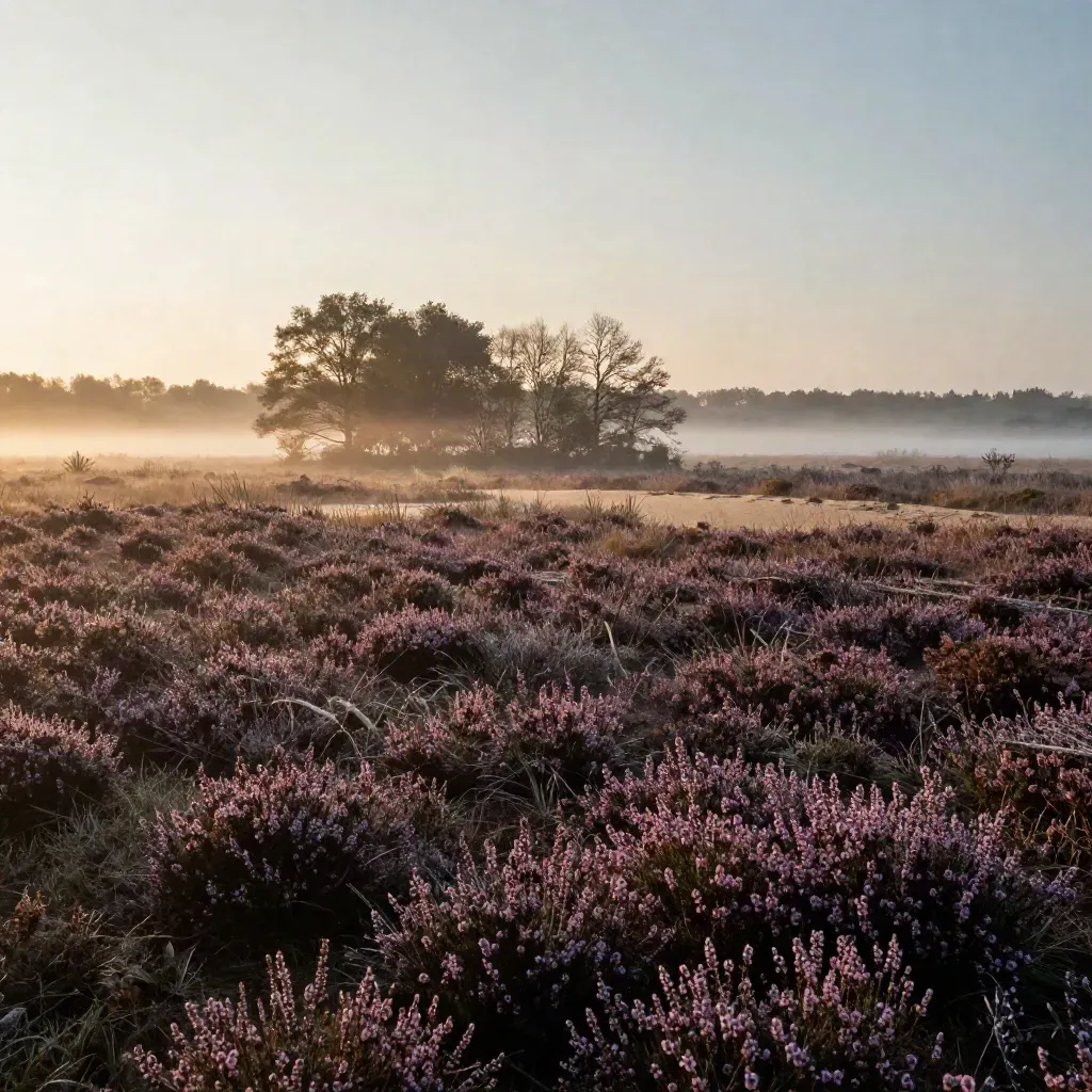 Mistige heide in Midden-Nederland bij zonsopkomst met een rustige bomenrand